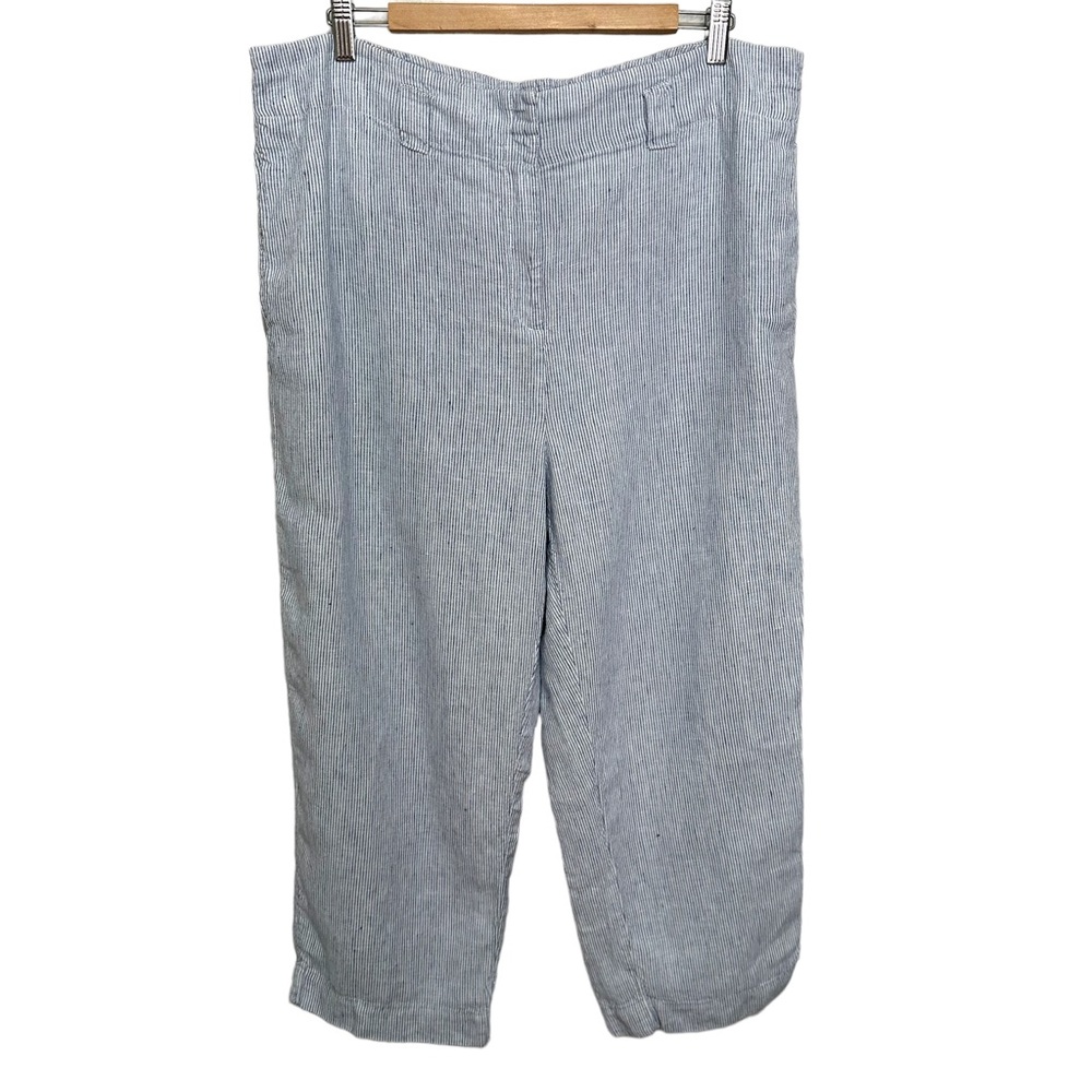 Chico's Linen Crop Pants Women's 3R 16 Blue White Pinstripe Coastal Nautical